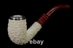 TEKIN Slim Rustic Bent Pipe BLOCK MEERSCHAUM-NEW-HAND CARVED W Case#896 Silver