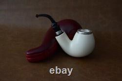 TEKIN Smooth Bent Egg Pipe BLOCK MEERSCHAUM-NEW-HAND CARVED W Case#1472 Silver