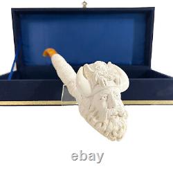 TURKISH BLOCK MEERSCHAUM Handmade Carved Viking Face Pipe With Case White 12