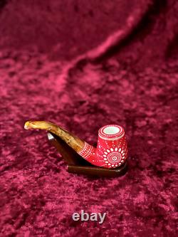 Turkish Block Red Embroidered Meerschaum Pipe Hand Carved Same Day Dispatch