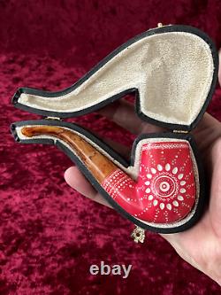 Turkish Block Red Embroidered Meerschaum Pipe Hand Carved Same Day Dispatch