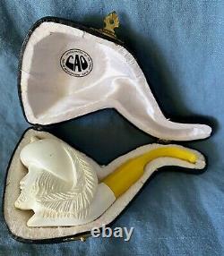 UNSMOKED Vintage Antique CAO Block Meerschaum Pipe Carved Cavalier Head with Case