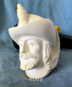UNSMOKED Vintage Antique CAO Block Meerschaum Pipe Carved Cavalier Head with Case