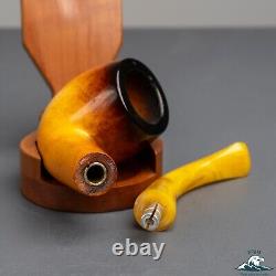 (Unsmoked) 1960s Andreas Bauer Block Meerschaum Bent Black Top Real Amber Stem