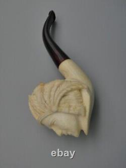 Vintage Carved Block Meerschaum Pipe Native American Chief Headdress Fitted Case