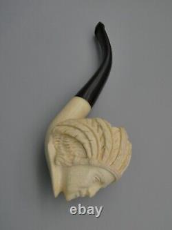 Vintage Carved Block Meerschaum Pipe Native American Chief Headdress Fitted Case