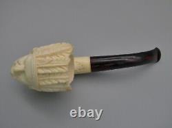 Vintage Carved Block Meerschaum Pipe Native American Chief Headdress Fitted Case