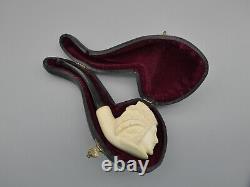 Vintage Carved Block Meerschaum Pipe Native American Chief Headdress Fitted Case