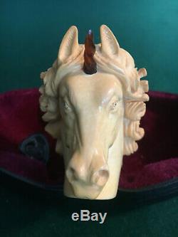 Vintage Meerschaum Genuine Block Hand Carved Beautiful Unicorn Pipe With Case