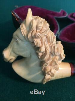 Vintage Meerschaum Genuine Block Hand Carved Beautiful Unicorn Pipe With Case