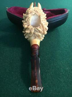 Vintage Meerschaum Genuine Block Hand Carved Beautiful Unicorn Pipe With Case