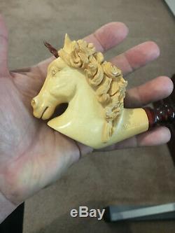Vintage Meerschaum Genuine Block Hand Carved Beautiful Unicorn Pipe With Case