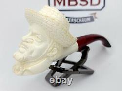 Vintage SMS Hand Carved Block Meerschaum Pipe South American Man, Fitted Case