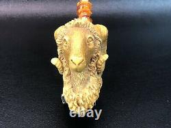 XL Beautifully Carved Ram Pipe Block Meerschaum-Handmade NEW With Case#1350