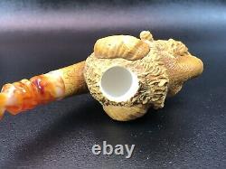 XL Beautifully Carved Ram Pipe Block Meerschaum-Handmade NEW With Case#1350
