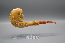 XL Skeleton Hand Holds Reverse Skull Block Meerschaum-NEW HANDMADE W CASE#1673