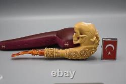 XL Skeleton Hand Holds Reverse Skull Block Meerschaum-NEW HANDMADE W CASE#1673