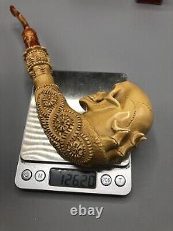 XL Skeleton Hand Holds Reverse Skull Block Meerschaum-NEW HANDMADE W CASE#1673